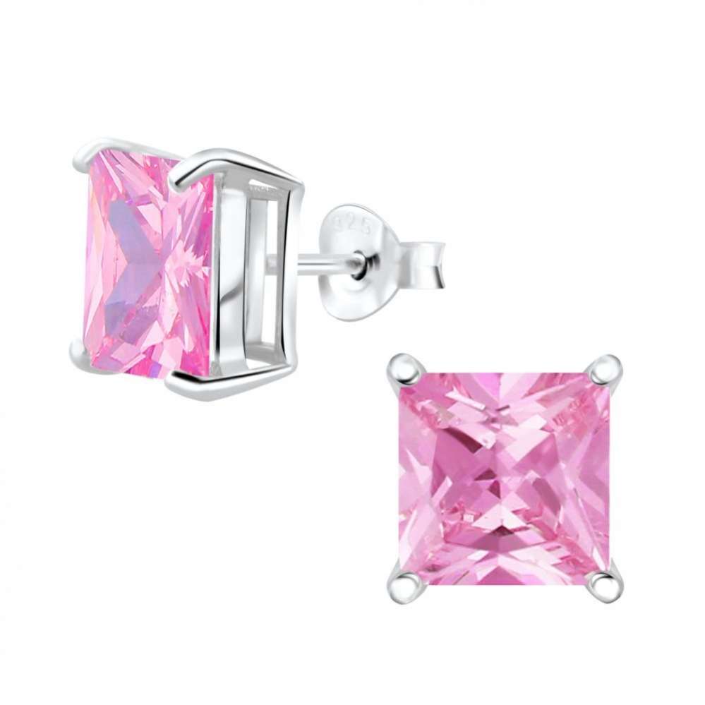 Square Cubic Zirconia Silver Stud Earrings-0
