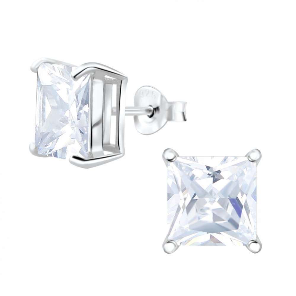 Square Cubic Zirconia Silver Stud Earrings-0