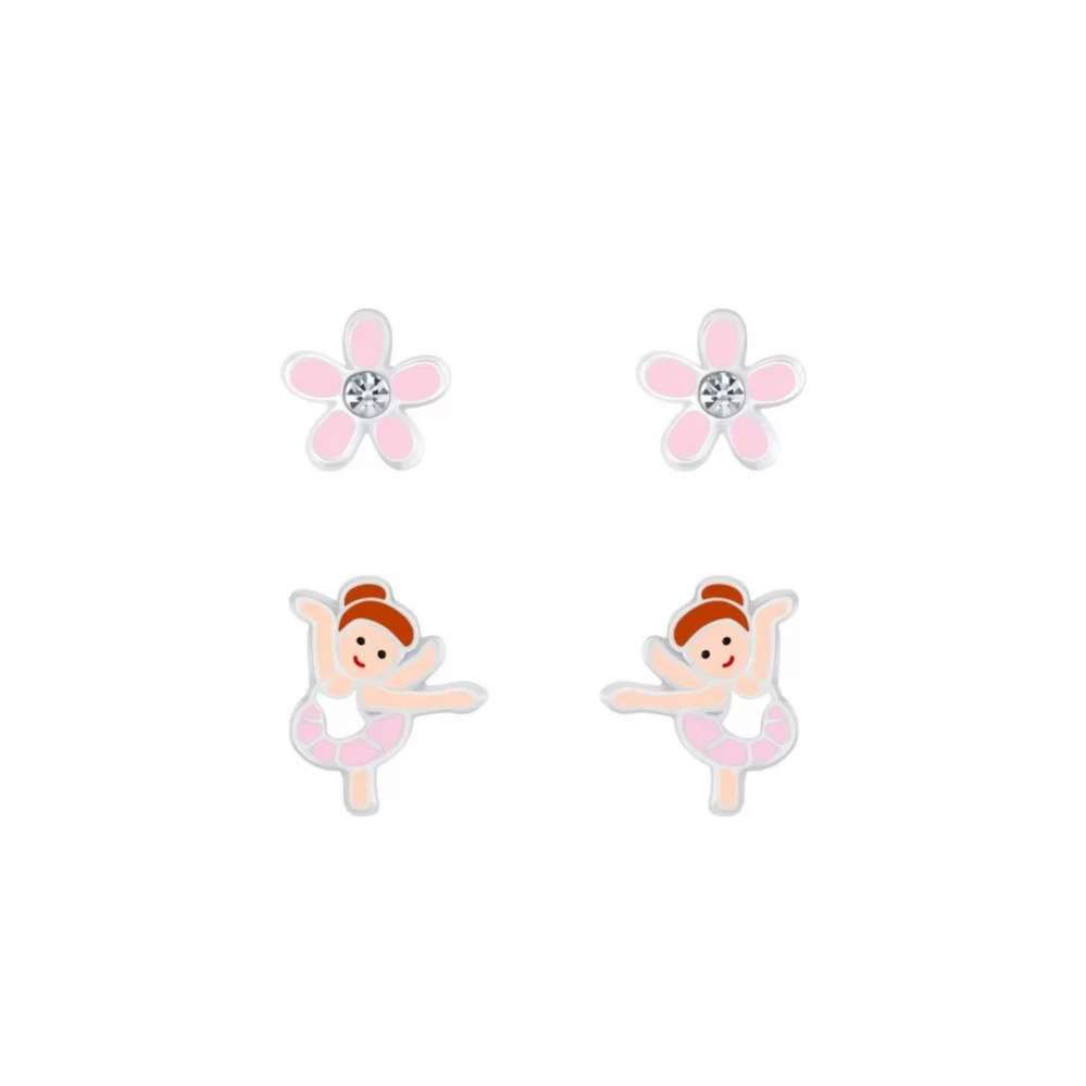 Silver Ballerina and Flower Stud Earrings Set-0