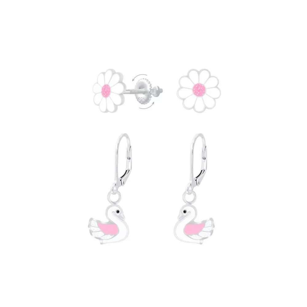 Silver Flower and Swan Earrings Set-0