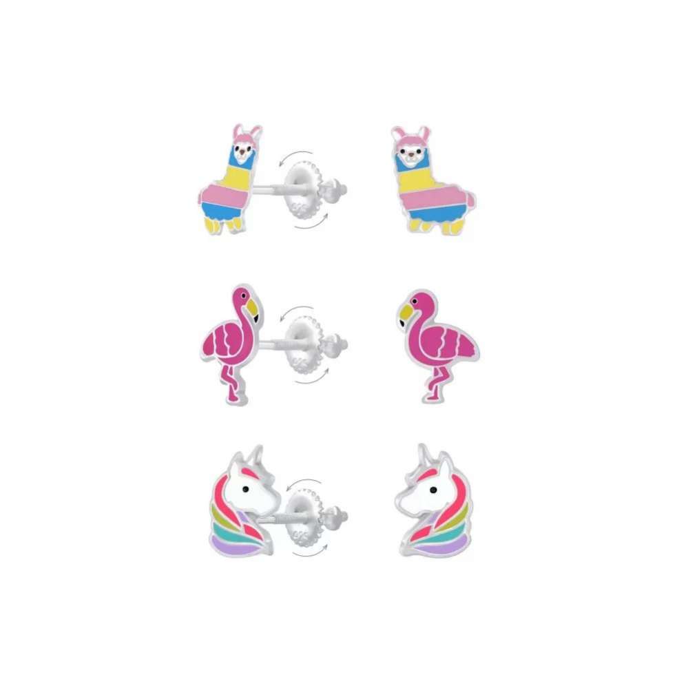 Silver Alpaca Flamingo and Unicorn Screw Back Earrings Set-0