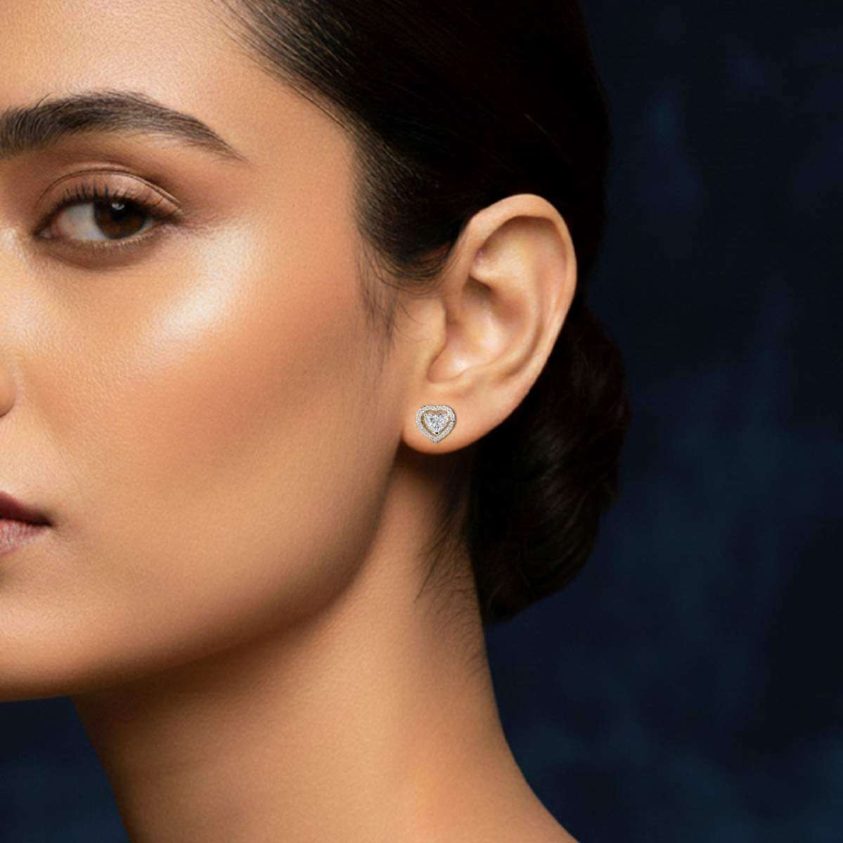 Halo Heart Cut Diamond Ear Studs-3