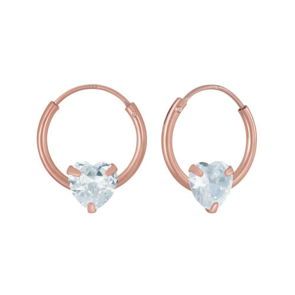 Rose Gold Plated 4 mm Heart Cubic Zirconia Silver Hoop Earrings-0