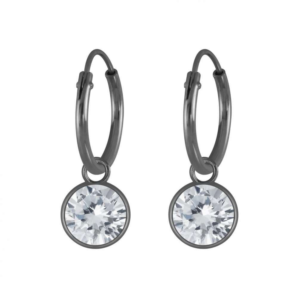6mm Round Cubic Zirconia Silver Charm Hoop Earrings-0