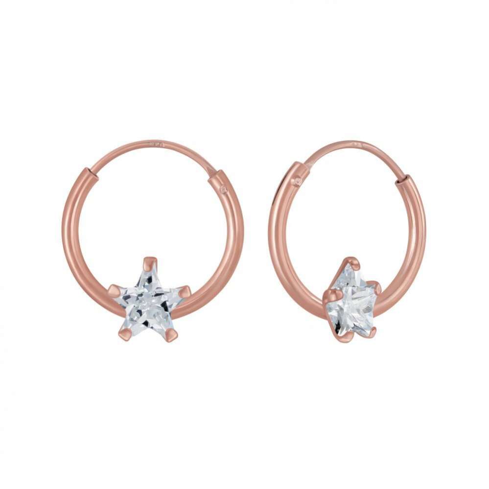 Rose Gold Plated Star Cubic Zirconia Silver Hoop Earrings-0