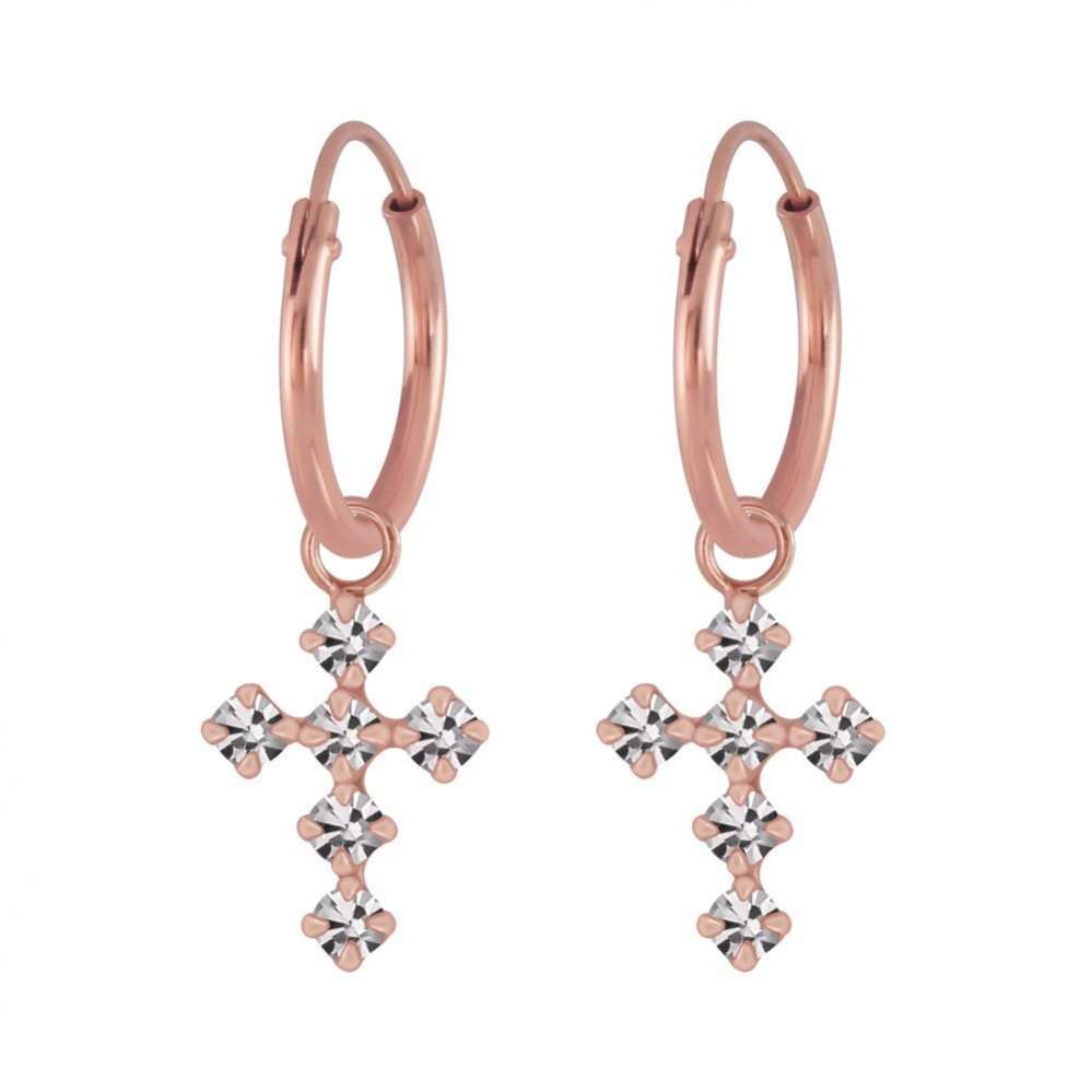 Silver Cross Crystal Charm Hoop Earrings-0