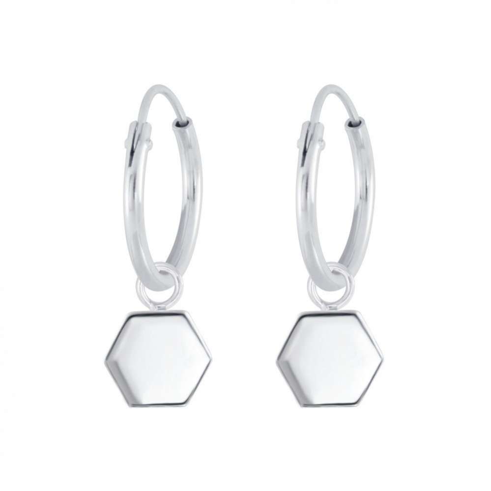 Silver Hexagon Charm Hoop Earrings-0