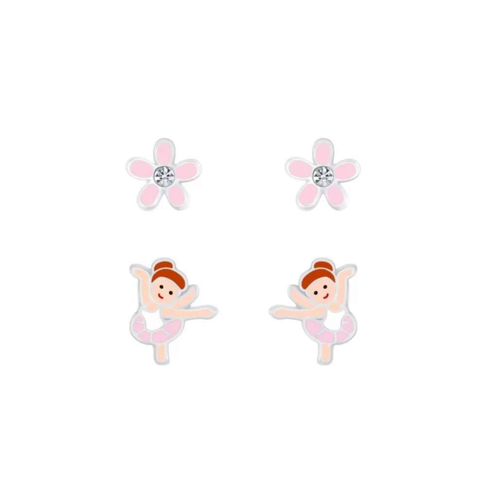 Silver Ballerina and Flower Stud Earrings Set-0