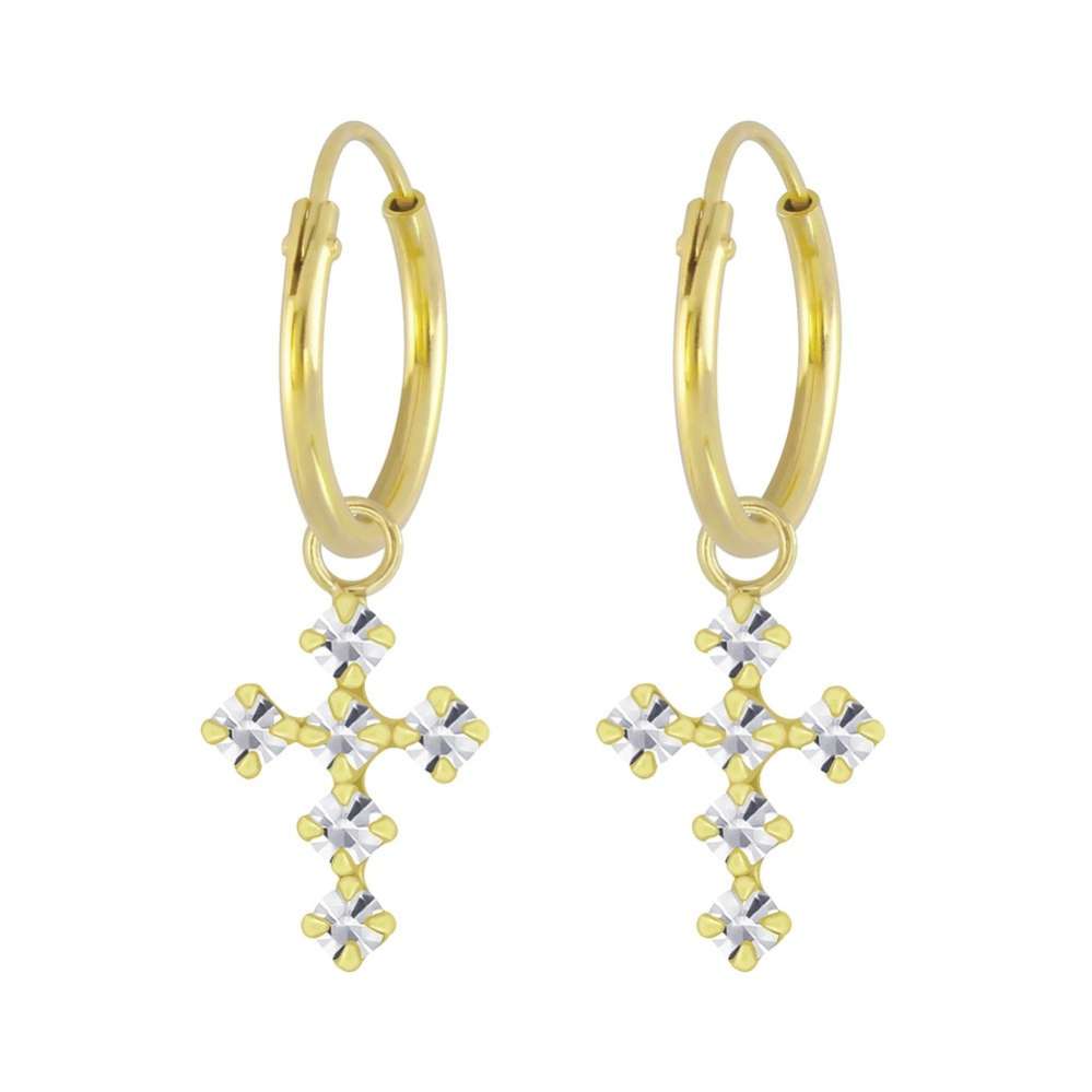 Silver Cross Crystal Charm Hoop Earrings-0